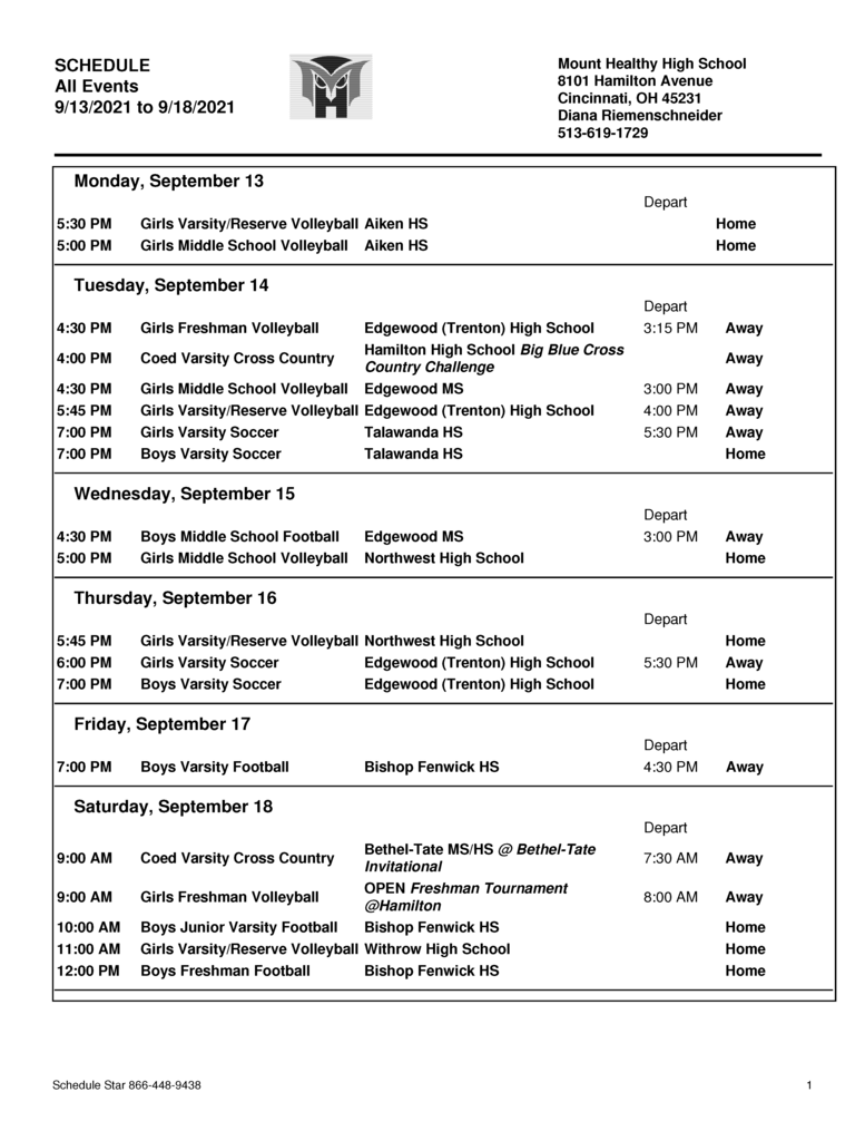 sports schedule for week 9/13-18. Can also be viewed on district Google Calendar
