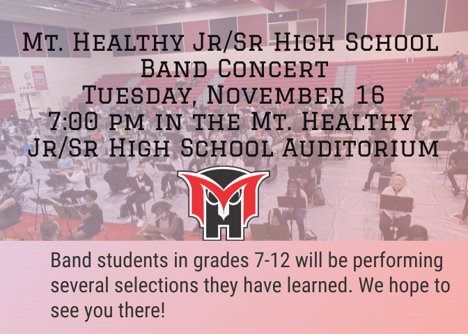 band concert graphic for 11/16 band concert at 7 pm in Jr/Sr High school auditorium